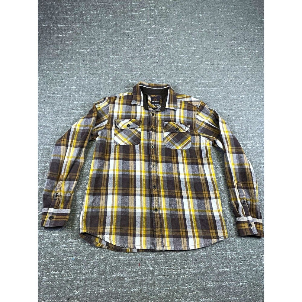 prAna Men's M medium Plaid Long Sleeve Button-Up Shirt flannel Brown Yellow